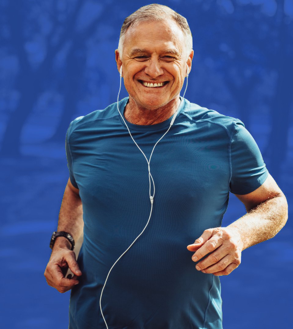 A smiling older man out for a jog, on a blue background