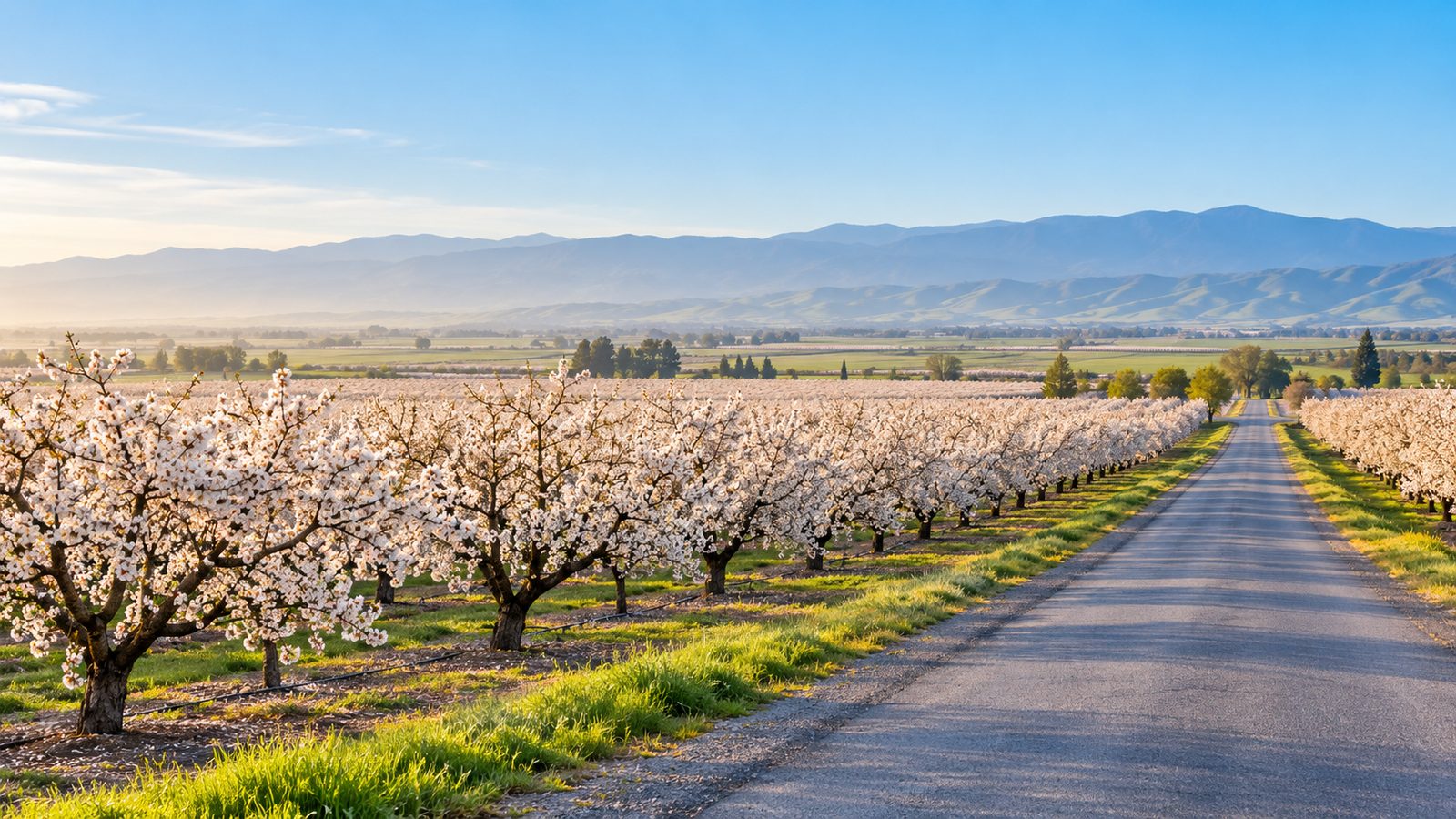 Rows of blossoming almond trees beside a country road in the Central Valley
