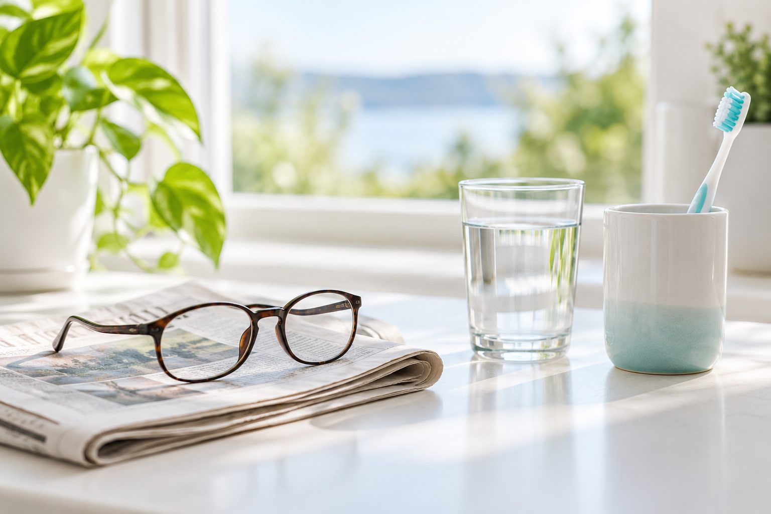 Reading glasses on a folded newspaper beside a glass of water and a toothbrush, in morning light