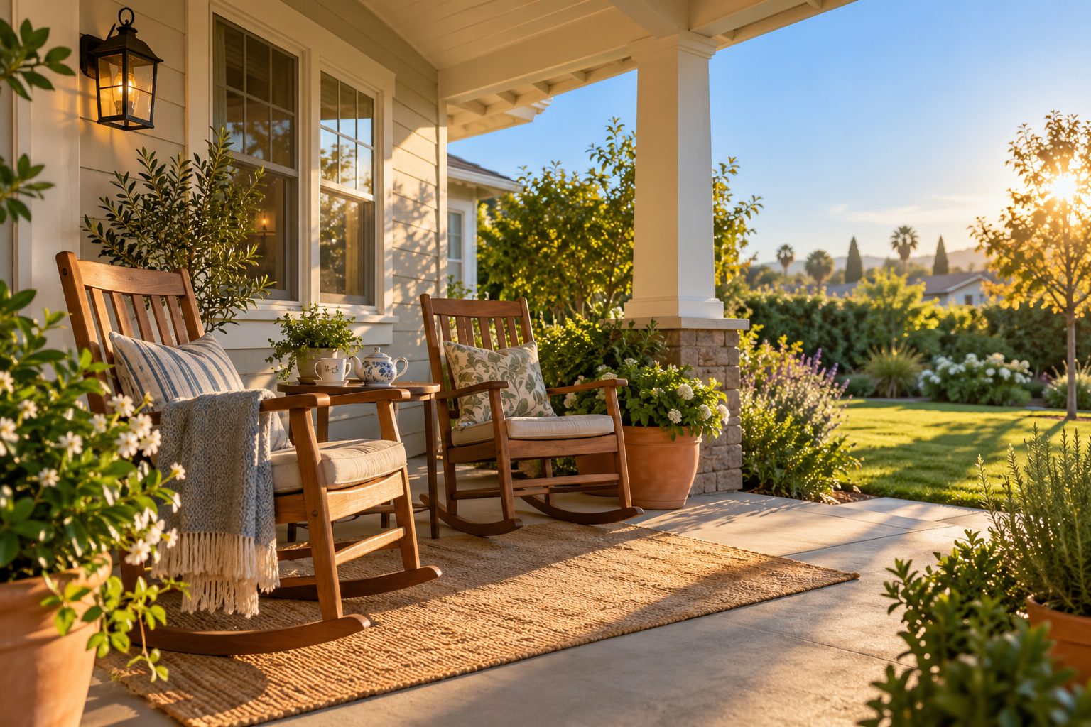 Two wooden rocking chairs and a teapot on a sunny front porch